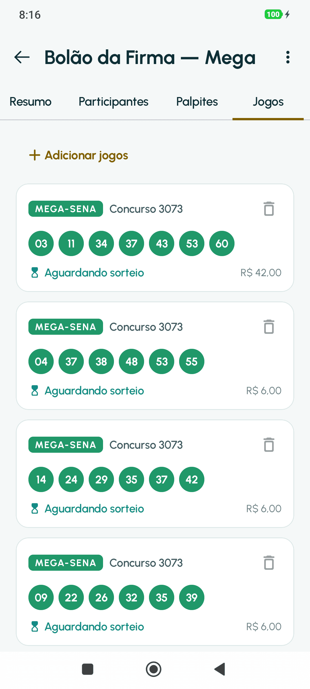 Aba Jogos do bolão: os jogos da Mega-Sena 3073 aguardando sorteio, com o custo de cada um.