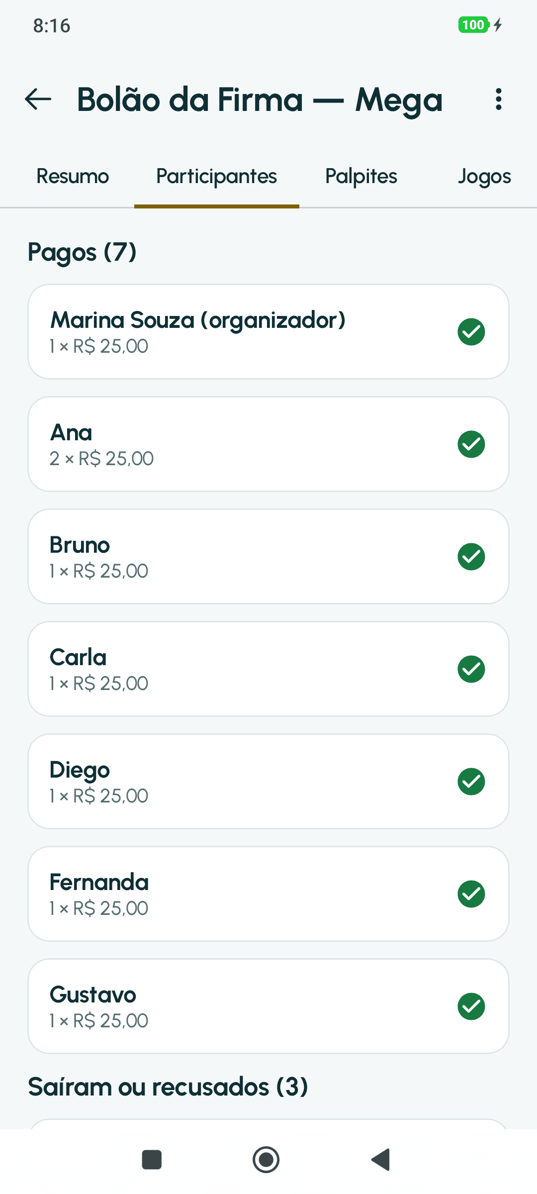 Aba Participantes do bolão: os 7 que pagaram, com as cotas de cada um, e quem saiu ou foi recusado.