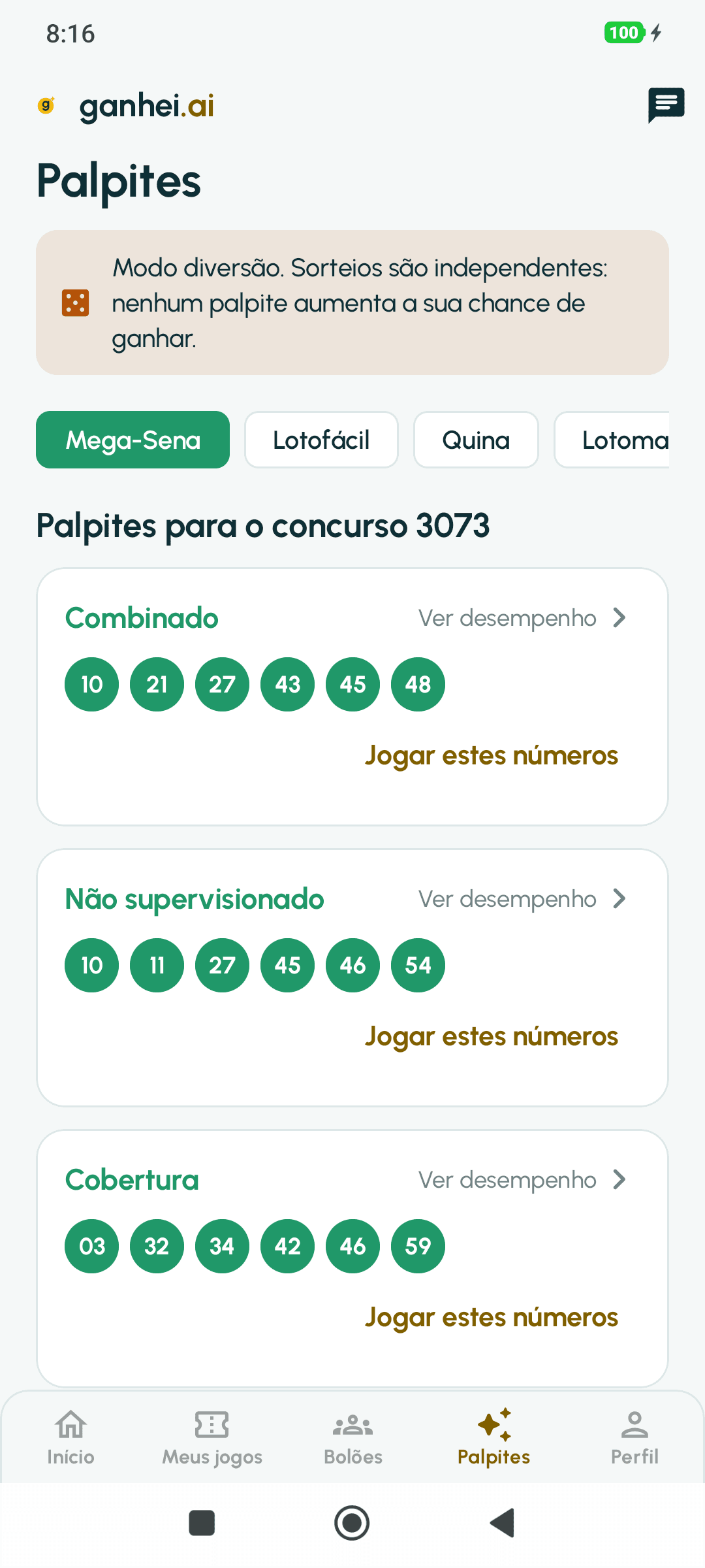 Aba Palpites (modo diversão): aviso de que nenhum palpite aumenta a chance e palpites por categoria para a Mega-Sena 3073.